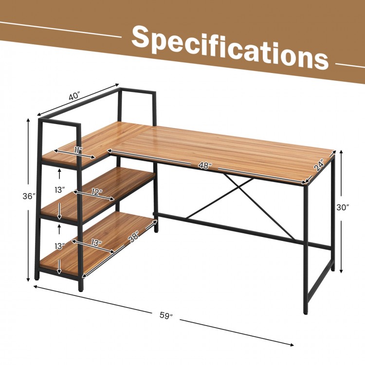 Dimensions of the reversible L-shaped computer workstation in walnut with 3-tier shelf, perfect for space-saving setups.